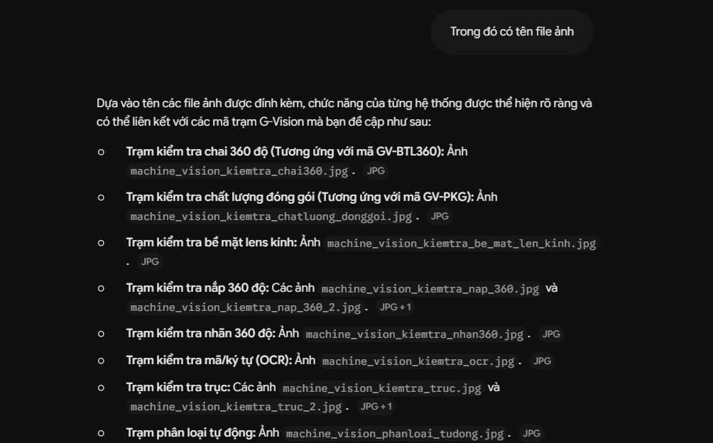 AI Cypher trả lời câu hỏi về kho ảnh trạm kiểm tra G-Vision: liệt kê từng trạm kèm tên file ảnh nguồn